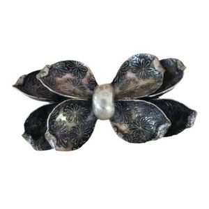 Vintage Two Tone Silver Bow Brooch Embossed Flower Pattern